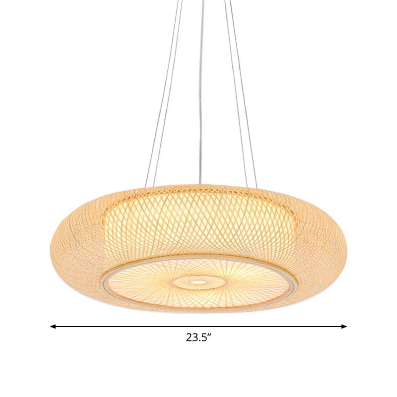 Handmade Round Bamboo Hanging Light Chinese 1 Bulb 18"/19.5"/31.5" Wide Beige Ceiling Pendant for Tearoom Clearhalo 'Ceiling Lights' 'Chandeliers' 'Modern Chandeliers' 'Modern' Lighting' 1960278