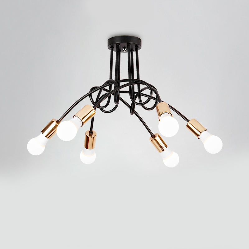 Twisted Metallic Semi-Flush Ceiling Light Industrial 3/5 Lights Hallway Semi Flush Pendant Light with Bare Bulb in Black 6 Black Clearhalo 'Ceiling Lights' 'Close To Ceiling Lights' 'Close to ceiling' 'Semi-flushmount' Lighting' 19605