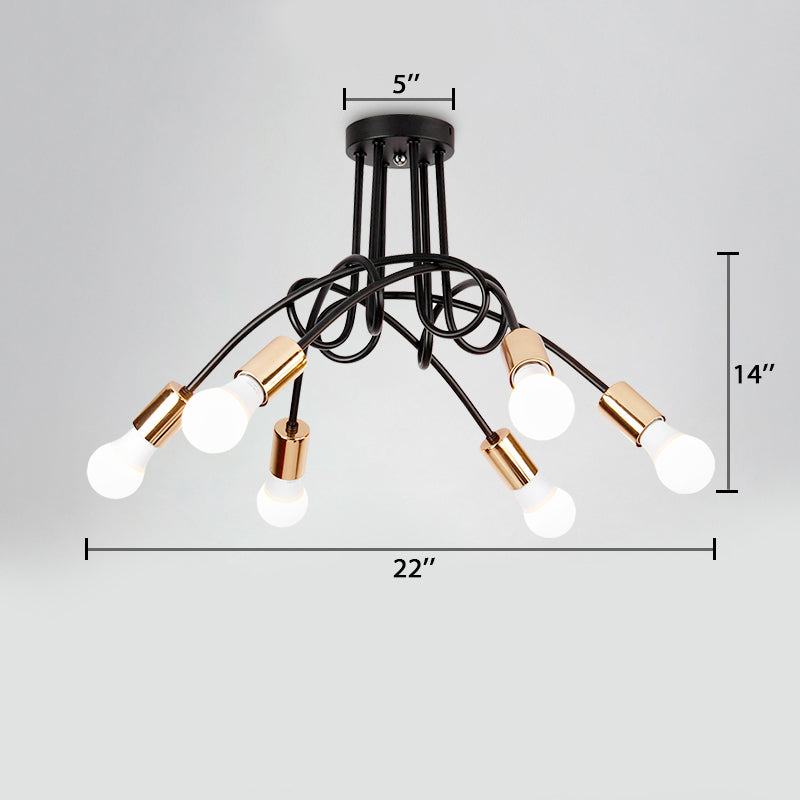 Twisted Metallic Semi-Flush Ceiling Light Industrial 3/5 Lights Hallway Semi Flush Pendant Light with Bare Bulb in Black Clearhalo 'Ceiling Lights' 'Close To Ceiling Lights' 'Close to ceiling' 'Semi-flushmount' Lighting' 19607