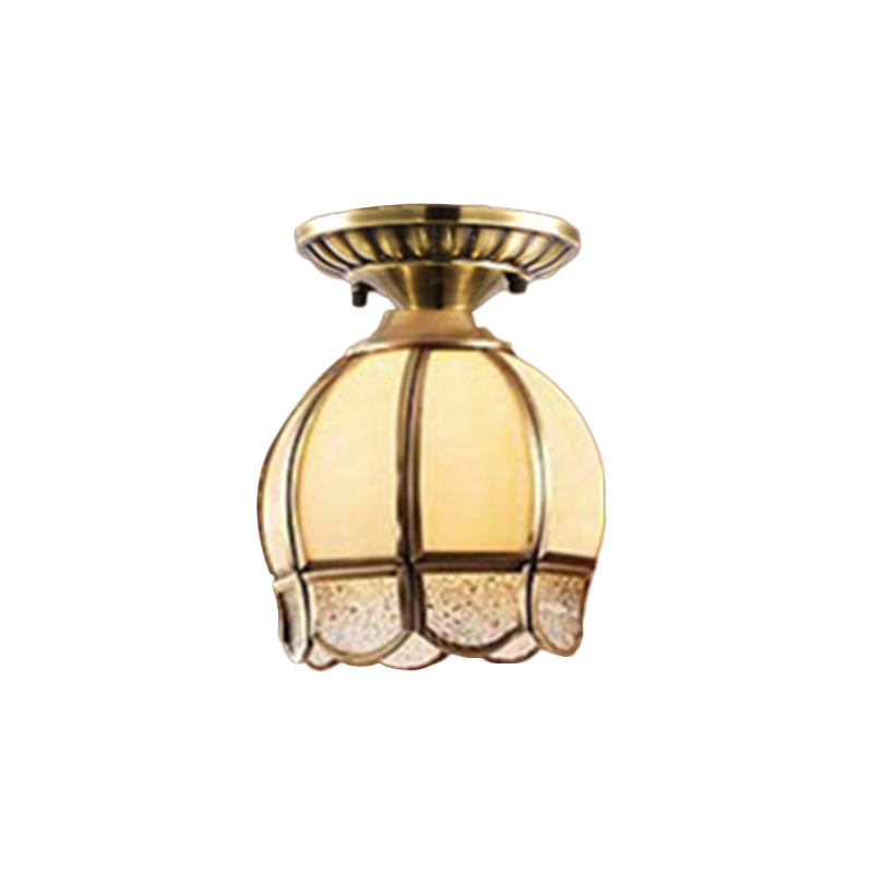 Curved/Cylinder/Flower Frosted Glass Flush Lamp Colonial 1-Light Corridor Flush Mount Light in Brass Clearhalo 'Ceiling Lights' 'Close To Ceiling Lights' 'Close to ceiling' 'Flush mount' Lighting' 1963455