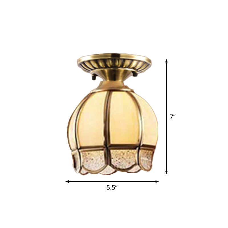 Curved/Cylinder/Flower Frosted Glass Flush Lamp Colonial 1-Light Corridor Flush Mount Light in Brass Clearhalo 'Ceiling Lights' 'Close To Ceiling Lights' 'Close to ceiling' 'Flush mount' Lighting' 1963456