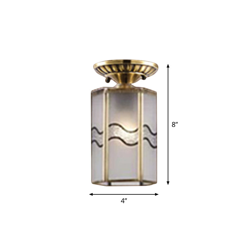 Curved/Cylinder/Flower Frosted Glass Flush Lamp Colonial 1-Light Corridor Flush Mount Light in Brass Clearhalo 'Ceiling Lights' 'Close To Ceiling Lights' 'Close to ceiling' 'Flush mount' Lighting' 1963459