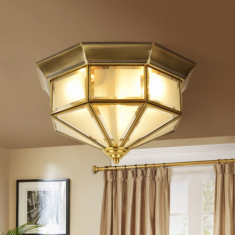 13"/15" W 2 Lights Frosted Glass Flush Mount Lamp Vintage Brass Octagon Living Room Flush Ceiling Light Clearhalo 'Ceiling Lights' 'Close To Ceiling Lights' 'Close to ceiling' 'Flush mount' Lighting' 1963499