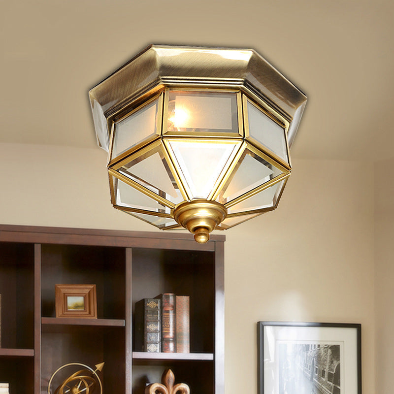 13"/15" W 2 Lights Frosted Glass Flush Mount Lamp Vintage Brass Octagon Living Room Flush Ceiling Light Clearhalo 'Ceiling Lights' 'Close To Ceiling Lights' 'Close to ceiling' 'Flush mount' Lighting' 1963500