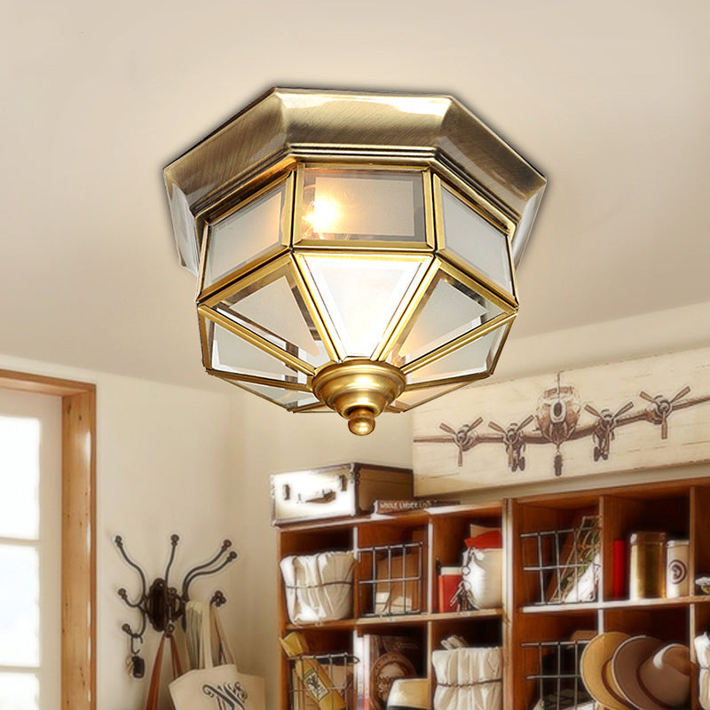 13"/15" W 2 Lights Frosted Glass Flush Mount Lamp Vintage Brass Octagon Living Room Flush Ceiling Light Clearhalo 'Ceiling Lights' 'Close To Ceiling Lights' 'Close to ceiling' 'Flush mount' Lighting' 1963501