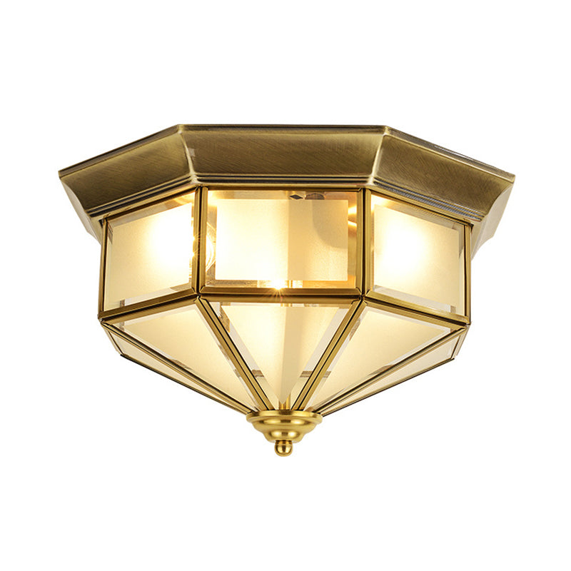 13"/15" W 2 Lights Frosted Glass Flush Mount Lamp Vintage Brass Octagon Living Room Flush Ceiling Light Clearhalo 'Ceiling Lights' 'Close To Ceiling Lights' 'Close to ceiling' 'Flush mount' Lighting' 1963502