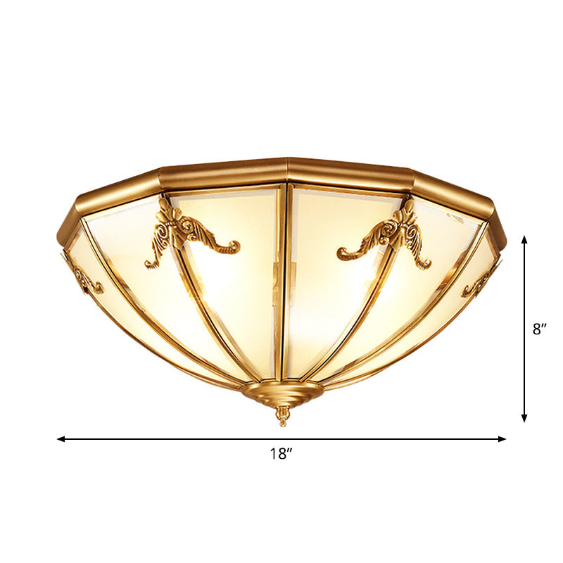14"/18" W 3/4 Lights Flush Mount Traditional Living Room Ceiling Light with Bowl Frosted Glass Panel Shade in Brass Clearhalo 'Ceiling Lights' 'Close To Ceiling Lights' 'Close to ceiling' 'Flush mount' Lighting' 1963510