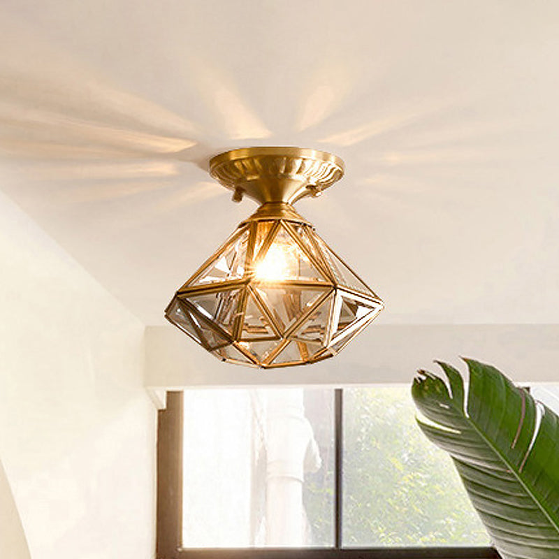 Diamond/Star Bedroom Ceiling Light Flush Mount Traditional Transparent Glass 1-Light Brass Flushmount Lighting Brass Diamond Clearhalo 'Ceiling Lights' 'Close To Ceiling Lights' 'Close to ceiling' 'Flush mount' Lighting' 1963582