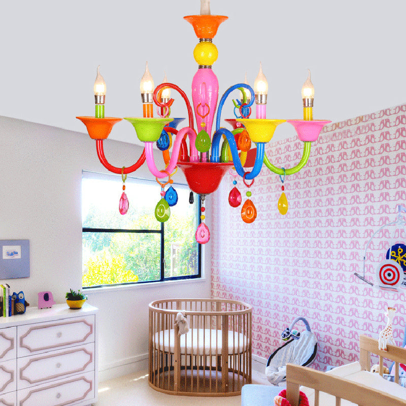 Kids Candle Suspension Light with Teardrop Crystal Metallic Multi-Colored Chandelier for Game Room Clearhalo 'Ceiling Lights' 'Chandeliers' Lighting' options 196360