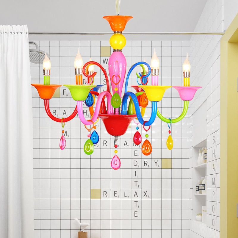 Kids Candle Suspension Light with Teardrop Crystal Metallic Multi-Colored Chandelier for Game Room Clearhalo 'Ceiling Lights' 'Chandeliers' Lighting' options 196361