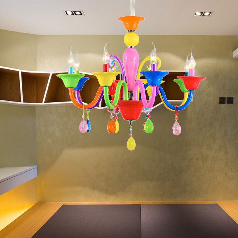 Kids Candle Suspension Light with Teardrop Crystal Metallic Multi-Colored Chandelier for Game Room Clearhalo 'Ceiling Lights' 'Chandeliers' Lighting' options 196365