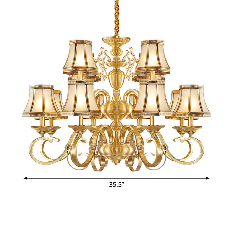 Brass 6/8/12 Lights Chandelier Lamp Colonial Frosted Glass Curved Hanging Light, Small/Medium/Large Clearhalo 'Ceiling Lights' 'Chandeliers' 'Glass shade' 'Glass' 'Pendant Lights' Lighting' 1963691