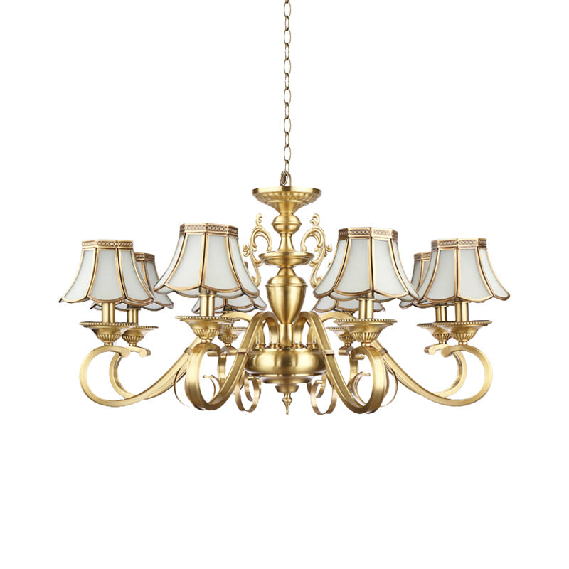 Polished Brass Scalloped Chandelier Lamp Colonial Frosted Glass 8 Lights Living Room Hanging Ceiling Light Clearhalo 'Ceiling Lights' 'Chandeliers' 'Glass shade' 'Glass' 'Pendant Lights' Lighting' 1963694