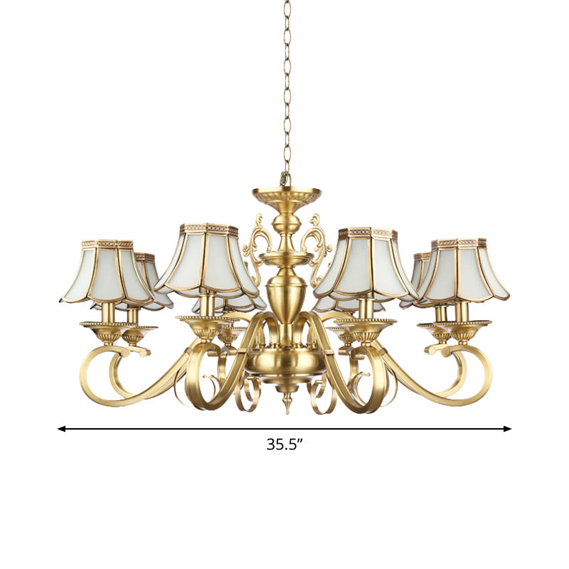 Polished Brass Scalloped Chandelier Lamp Colonial Frosted Glass 8 Lights Living Room Hanging Ceiling Light Clearhalo 'Ceiling Lights' 'Chandeliers' 'Glass shade' 'Glass' 'Pendant Lights' Lighting' 1963696