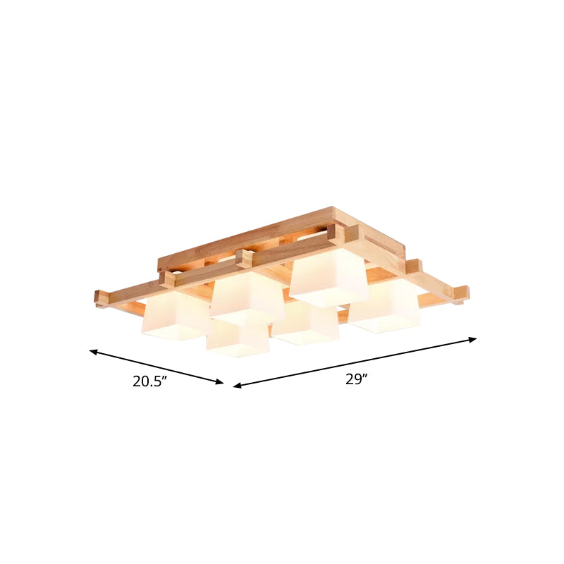 Nordic 4/6/9-Light Ceiling Mount Light Wood Grid Semi Flush Mount with Opal Frosted Glass Shade Clearhalo 'Ceiling Lights' 'Close To Ceiling Lights' 'Close to ceiling' 'Semi-flushmount' Lighting' 1963932