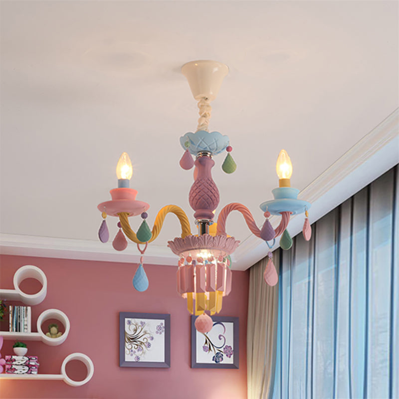 Nursing Room Foyer Candle Pendant Light Glass Kids Multi-Color Chandelier with Teardrop 3 Blue-Yellow-Green-Pink Clearhalo 'Ceiling Lights' 'Chandeliers' Lighting' options 196394_95e42f12-1599-47a7-820c-148a7c75fb33