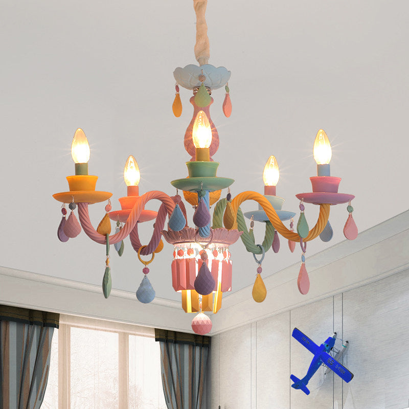 Nursing Room Foyer Candle Pendant Light Glass Kids Multi-Color Chandelier with Teardrop 5 Blue-Yellow-Green-Pink Clearhalo 'Ceiling Lights' 'Chandeliers' Lighting' options 196398_de1f8410-6338-48c0-a6fb-cb582f31cec1