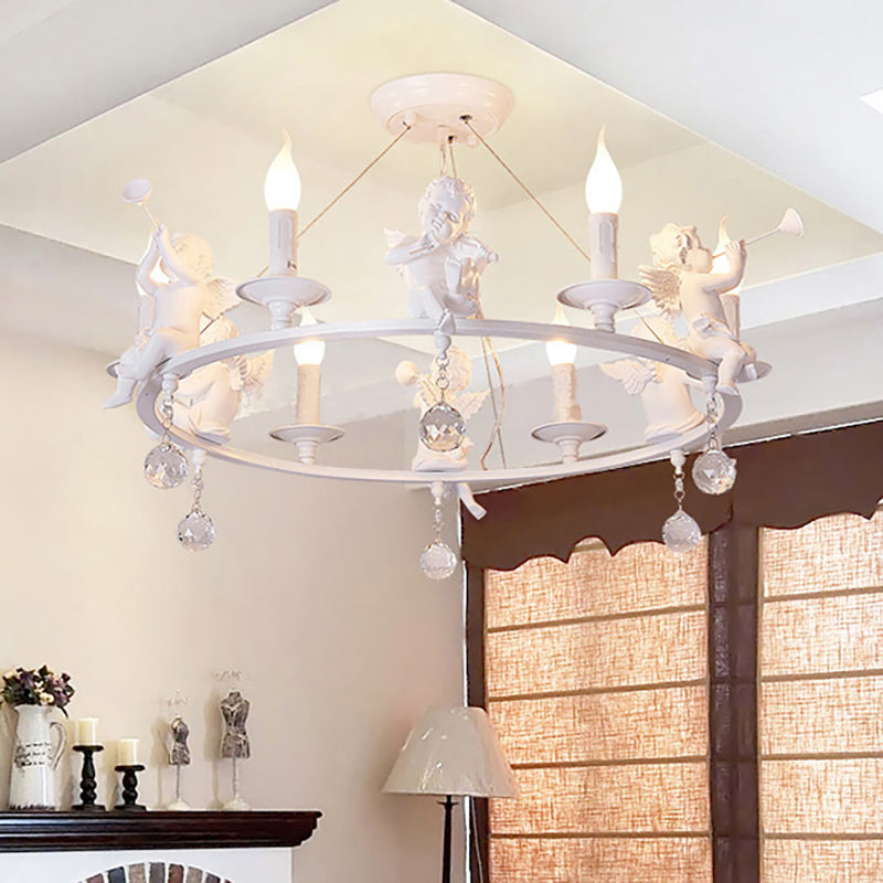 Metal Ring & Candle Chandelier with Angel Villa Modern Stylish Hanging Light in White Clearhalo 'Ceiling Lights' 'Chandeliers' Lighting' options 196470