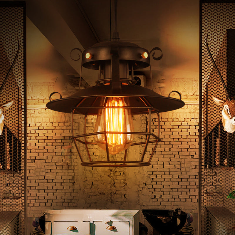 1-Bulb Ceiling Hanging Lantern Rustic Dining Room Down Lighting Pendant with Wire Cage in Black Clearhalo 'Art Deco Pendants' 'Black' 'Cast Iron' 'Ceiling Lights' 'Ceramic' 'Crystal' 'Industrial Pendants' 'Industrial' 'Metal' 'Middle Century Pendants' 'Pendant Lights' 'Pendants' 'Rustic Pendants' 'Tiffany' Lighting' 1968232