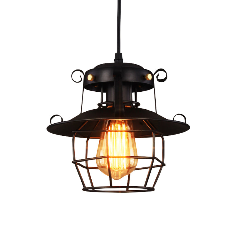 1-Bulb Ceiling Hanging Lantern Rustic Dining Room Down Lighting Pendant with Wire Cage in Black Clearhalo 'Art Deco Pendants' 'Black' 'Cast Iron' 'Ceiling Lights' 'Ceramic' 'Crystal' 'Industrial Pendants' 'Industrial' 'Metal' 'Middle Century Pendants' 'Pendant Lights' 'Pendants' 'Rustic Pendants' 'Tiffany' Lighting' 1968234