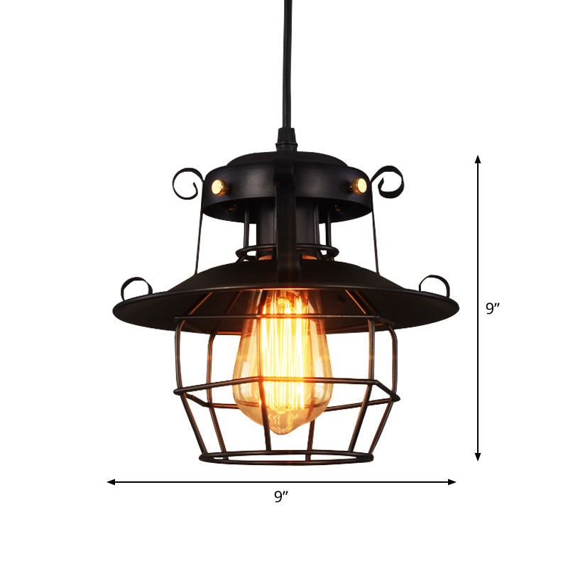 1-Bulb Ceiling Hanging Lantern Rustic Dining Room Down Lighting Pendant with Wire Cage in Black Clearhalo 'Art Deco Pendants' 'Black' 'Cast Iron' 'Ceiling Lights' 'Ceramic' 'Crystal' 'Industrial Pendants' 'Industrial' 'Metal' 'Middle Century Pendants' 'Pendant Lights' 'Pendants' 'Rustic Pendants' 'Tiffany' Lighting' 1968236