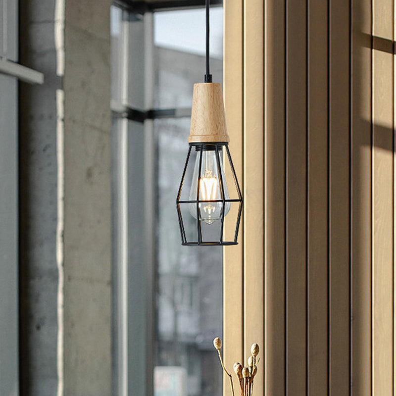 Black Cage/Barn/Pot Shaped Pendant Rustic Iron 1 Bulb Restaurant Hanging Ceiling Light with Wood Socket Black C Clearhalo 'Art Deco Pendants' 'Black' 'Cast Iron' 'Ceiling Lights' 'Ceramic' 'Crystal' 'Industrial Pendants' 'Industrial' 'Metal' 'Middle Century Pendants' 'Pendant Lights' 'Pendants' 'Rustic Pendants' 'Tiffany' Lighting' 1968266
