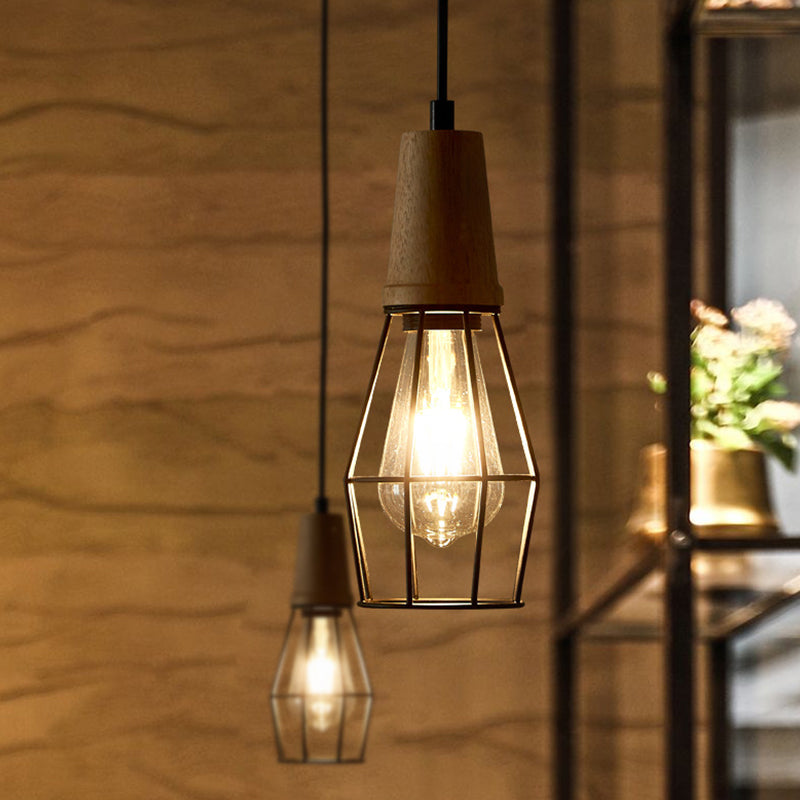 Black Cage/Barn/Pot Shaped Pendant Rustic Iron 1 Bulb Restaurant Hanging Ceiling Light with Wood Socket Clearhalo 'Art Deco Pendants' 'Black' 'Cast Iron' 'Ceiling Lights' 'Ceramic' 'Crystal' 'Industrial Pendants' 'Industrial' 'Metal' 'Middle Century Pendants' 'Pendant Lights' 'Pendants' 'Rustic Pendants' 'Tiffany' Lighting' 1968267