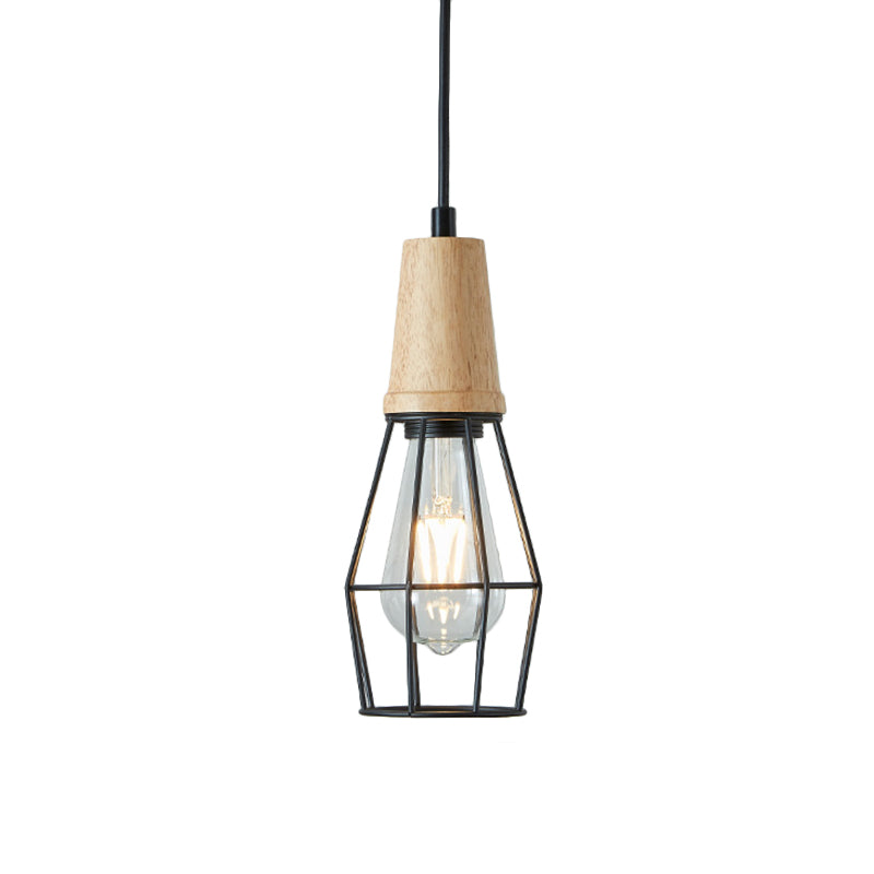 Black Cage/Barn/Pot Shaped Pendant Rustic Iron 1 Bulb Restaurant Hanging Ceiling Light with Wood Socket Clearhalo 'Art Deco Pendants' 'Black' 'Cast Iron' 'Ceiling Lights' 'Ceramic' 'Crystal' 'Industrial Pendants' 'Industrial' 'Metal' 'Middle Century Pendants' 'Pendant Lights' 'Pendants' 'Rustic Pendants' 'Tiffany' Lighting' 1968268