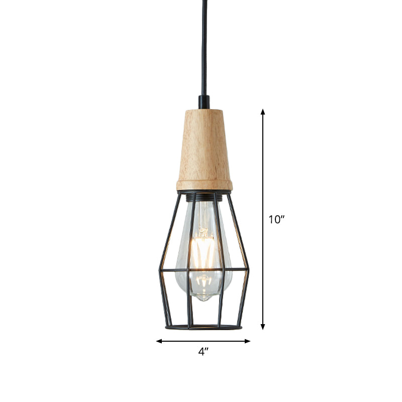 Black Cage/Barn/Pot Shaped Pendant Rustic Iron 1 Bulb Restaurant Hanging Ceiling Light with Wood Socket Clearhalo 'Art Deco Pendants' 'Black' 'Cast Iron' 'Ceiling Lights' 'Ceramic' 'Crystal' 'Industrial Pendants' 'Industrial' 'Metal' 'Middle Century Pendants' 'Pendant Lights' 'Pendants' 'Rustic Pendants' 'Tiffany' Lighting' 1968270