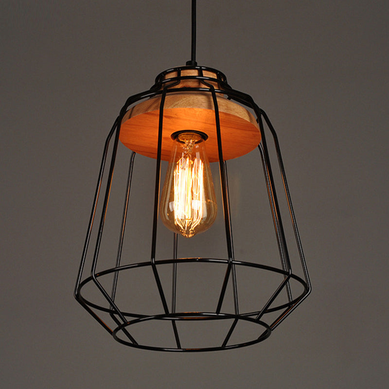 Black Cage/Barn/Pot Shaped Pendant Rustic Iron 1 Bulb Restaurant Hanging Ceiling Light with Wood Socket Clearhalo 'Art Deco Pendants' 'Black' 'Cast Iron' 'Ceiling Lights' 'Ceramic' 'Crystal' 'Industrial Pendants' 'Industrial' 'Metal' 'Middle Century Pendants' 'Pendant Lights' 'Pendants' 'Rustic Pendants' 'Tiffany' Lighting' 1968272