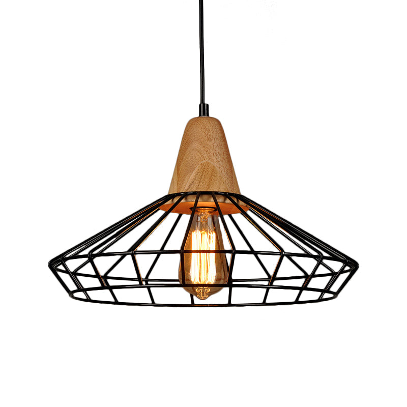 Black Cage/Barn/Pot Shaped Pendant Rustic Iron 1 Bulb Restaurant Hanging Ceiling Light with Wood Socket Black A Clearhalo 'Art Deco Pendants' 'Black' 'Cast Iron' 'Ceiling Lights' 'Ceramic' 'Crystal' 'Industrial Pendants' 'Industrial' 'Metal' 'Middle Century Pendants' 'Pendant Lights' 'Pendants' 'Rustic Pendants' 'Tiffany' Lighting' 1968274