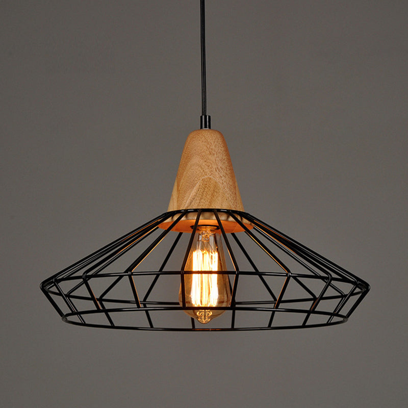 Black Cage/Barn/Pot Shaped Pendant Rustic Iron 1 Bulb Restaurant Hanging Ceiling Light with Wood Socket Clearhalo 'Art Deco Pendants' 'Black' 'Cast Iron' 'Ceiling Lights' 'Ceramic' 'Crystal' 'Industrial Pendants' 'Industrial' 'Metal' 'Middle Century Pendants' 'Pendant Lights' 'Pendants' 'Rustic Pendants' 'Tiffany' Lighting' 1968275