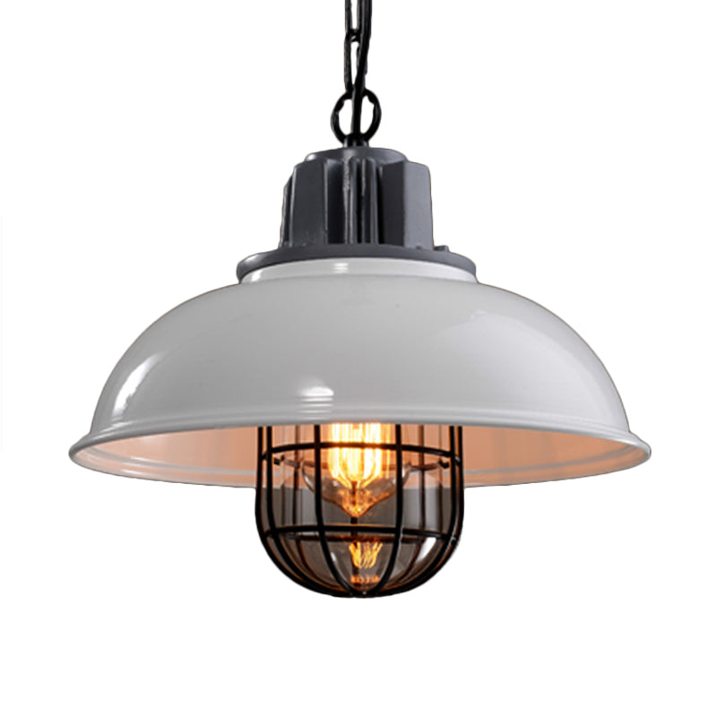 Bowl Bistro Hanging Light Kit Country Iron 1 Head Rust/White Pendant Lamp with Cage and Inner Glass Shade White Clearhalo 'Art Deco Pendants' 'Cast Iron' 'Ceiling Lights' 'Ceramic' 'Crystal' 'Industrial Pendants' 'Industrial' 'Metal' 'Middle Century Pendants' 'Pendant Lights' 'Pendants' 'Tiffany' Lighting' 1968303