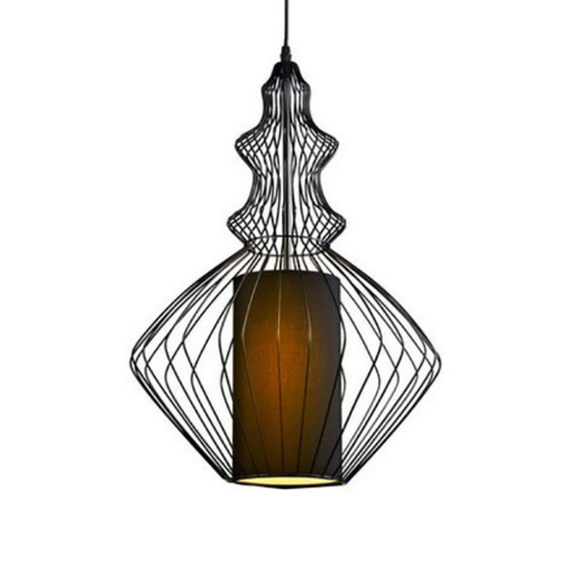 Gourd Shaped Iron Pendant Lighting Retro 1 Bulb Dining Room Ceiling Hanging Lantern with Fabric Shade Inside in Black Clearhalo 'Art Deco Pendants' 'Black' 'Cast Iron' 'Ceiling Lights' 'Ceramic' 'Crystal' 'Industrial Pendants' 'Industrial' 'Metal' 'Middle Century Pendants' 'Pendant Lights' 'Pendants' 'Rustic Pendants' 'Tiffany' Lighting' 1968323