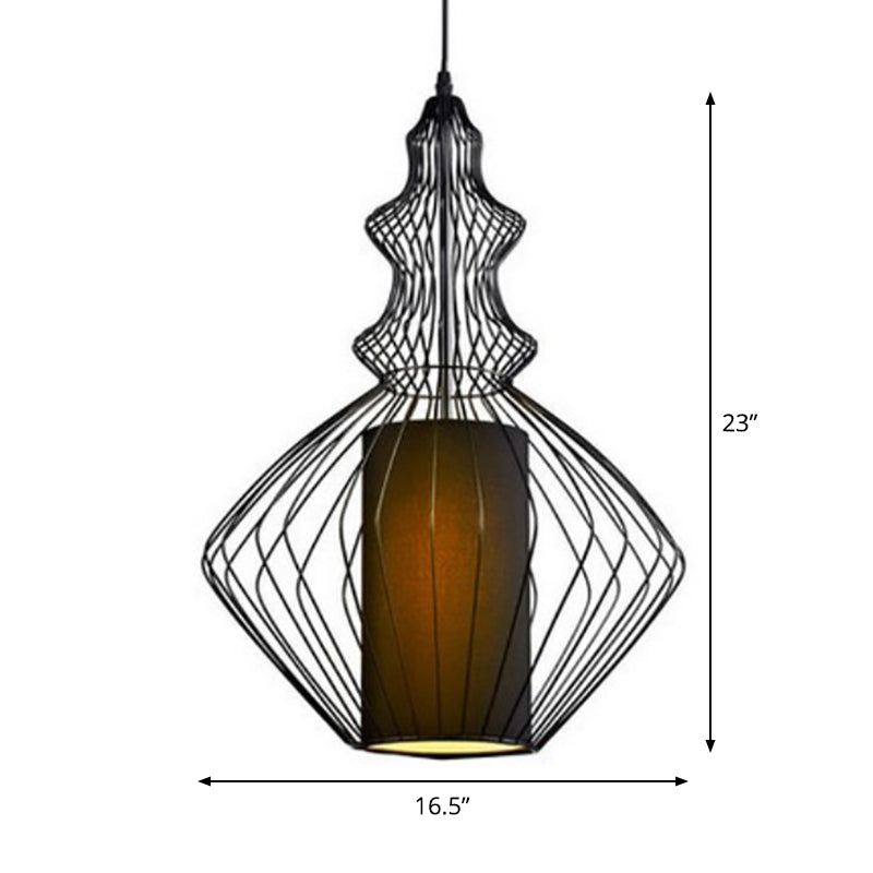 Gourd Shaped Iron Pendant Lighting Retro 1 Bulb Dining Room Ceiling Hanging Lantern with Fabric Shade Inside in Black Clearhalo 'Art Deco Pendants' 'Black' 'Cast Iron' 'Ceiling Lights' 'Ceramic' 'Crystal' 'Industrial Pendants' 'Industrial' 'Metal' 'Middle Century Pendants' 'Pendant Lights' 'Pendants' 'Rustic Pendants' 'Tiffany' Lighting' 1968325
