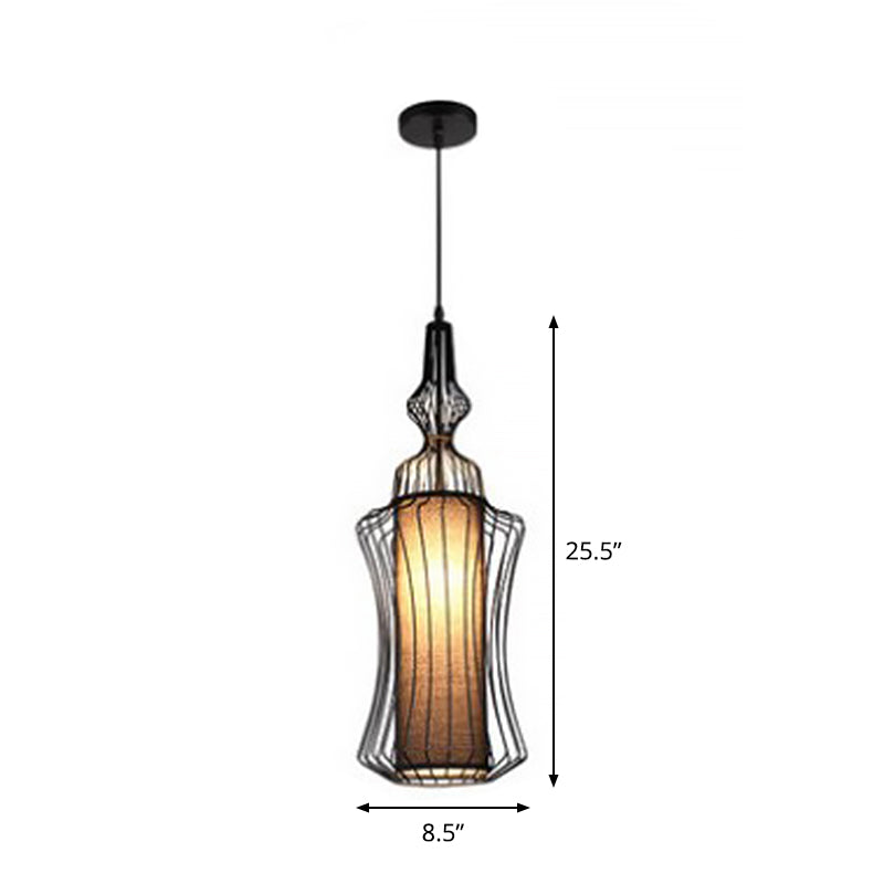 Gourd Shaped Iron Pendant Lighting Retro 1 Bulb Dining Room Ceiling Hanging Lantern with Fabric Shade Inside in Black Clearhalo 'Art Deco Pendants' 'Black' 'Cast Iron' 'Ceiling Lights' 'Ceramic' 'Crystal' 'Industrial Pendants' 'Industrial' 'Metal' 'Middle Century Pendants' 'Pendant Lights' 'Pendants' 'Rustic Pendants' 'Tiffany' Lighting' 1968328