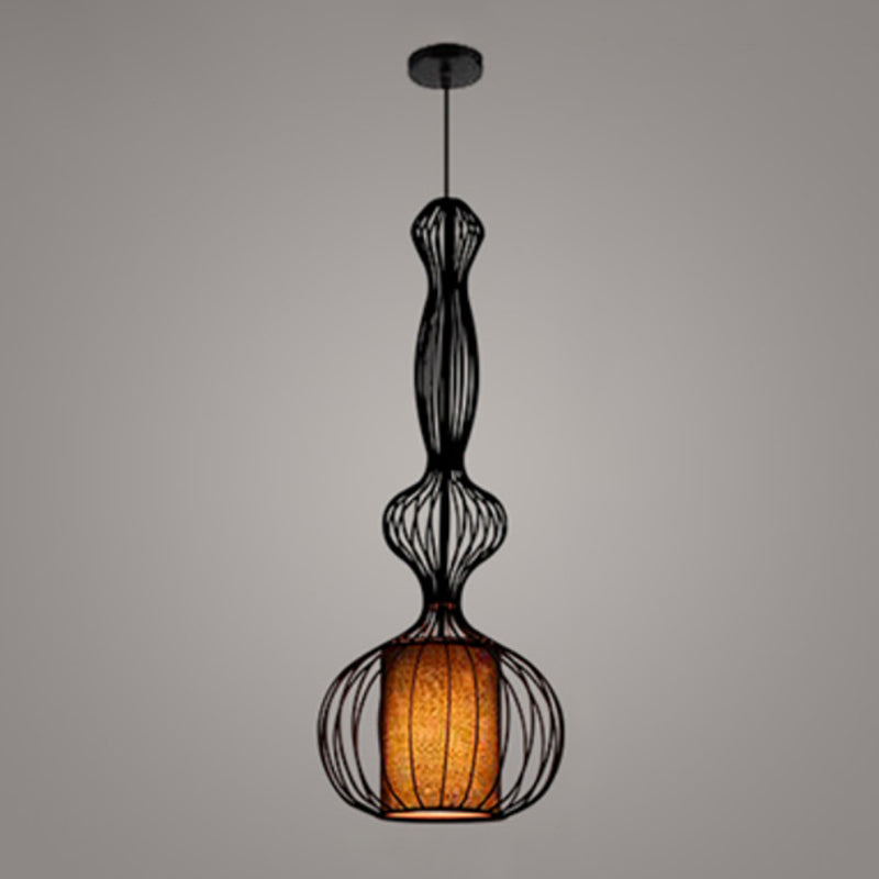 Gourd Shaped Iron Pendant Lighting Retro 1 Bulb Dining Room Ceiling Hanging Lantern with Fabric Shade Inside in Black Clearhalo 'Art Deco Pendants' 'Black' 'Cast Iron' 'Ceiling Lights' 'Ceramic' 'Crystal' 'Industrial Pendants' 'Industrial' 'Metal' 'Middle Century Pendants' 'Pendant Lights' 'Pendants' 'Rustic Pendants' 'Tiffany' Lighting' 1968330