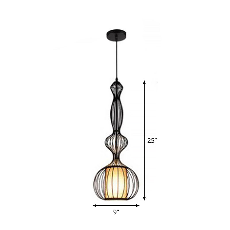 Gourd Shaped Iron Pendant Lighting Retro 1 Bulb Dining Room Ceiling Hanging Lantern with Fabric Shade Inside in Black Clearhalo 'Art Deco Pendants' 'Black' 'Cast Iron' 'Ceiling Lights' 'Ceramic' 'Crystal' 'Industrial Pendants' 'Industrial' 'Metal' 'Middle Century Pendants' 'Pendant Lights' 'Pendants' 'Rustic Pendants' 'Tiffany' Lighting' 1968331