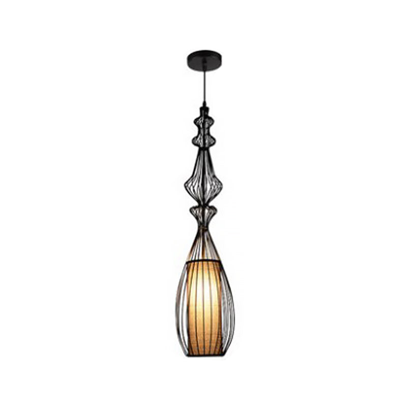 Gourd Shaped Iron Pendant Lighting Retro 1 Bulb Dining Room Ceiling Hanging Lantern with Fabric Shade Inside in Black Clearhalo 'Art Deco Pendants' 'Black' 'Cast Iron' 'Ceiling Lights' 'Ceramic' 'Crystal' 'Industrial Pendants' 'Industrial' 'Metal' 'Middle Century Pendants' 'Pendant Lights' 'Pendants' 'Rustic Pendants' 'Tiffany' Lighting' 1968333