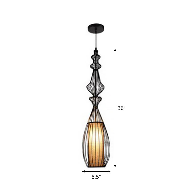 Gourd Shaped Iron Pendant Lighting Retro 1 Bulb Dining Room Ceiling Hanging Lantern with Fabric Shade Inside in Black Clearhalo 'Art Deco Pendants' 'Black' 'Cast Iron' 'Ceiling Lights' 'Ceramic' 'Crystal' 'Industrial Pendants' 'Industrial' 'Metal' 'Middle Century Pendants' 'Pendant Lights' 'Pendants' 'Rustic Pendants' 'Tiffany' Lighting' 1968335