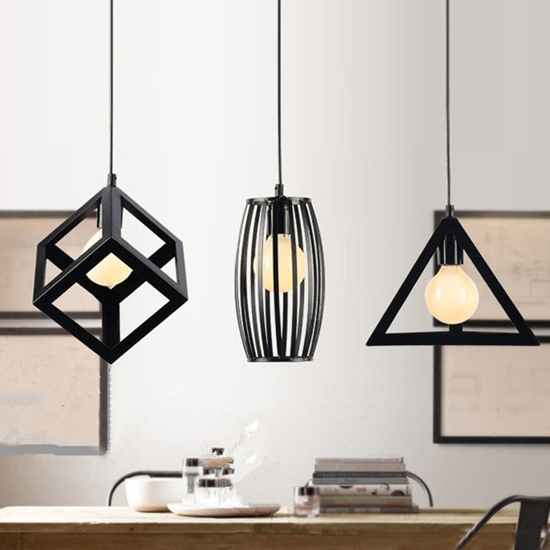 1 Bulb Iron Hanging Pendant Industrial Black Cylinder/Triangle/Square Dining Room Suspension Light Clearhalo 'Art Deco Pendants' 'Black' 'Cast Iron' 'Ceiling Lights' 'Ceramic' 'Crystal' 'Industrial Pendants' 'Industrial' 'Metal' 'Middle Century Pendants' 'Pendant Lights' 'Pendants' 'Rustic Pendants' 'Tiffany' Lighting' 1968346