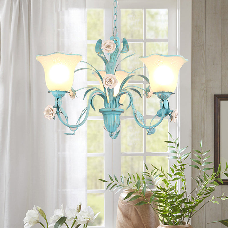 Floral Frosted Glass Hanging Chandelier Romantic Pastoral 3/5-Light Bedroom Pendant Ceiling Light in Blue Clearhalo 'Ceiling Lights' 'Chandeliers' Lighting' options 1968444