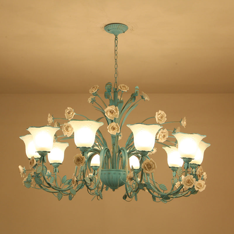 Floral Frosted Glass Hanging Chandelier Romantic Pastoral 3/5-Light Bedroom Pendant Ceiling Light in Blue Clearhalo 'Ceiling Lights' 'Chandeliers' Lighting' options 1968445