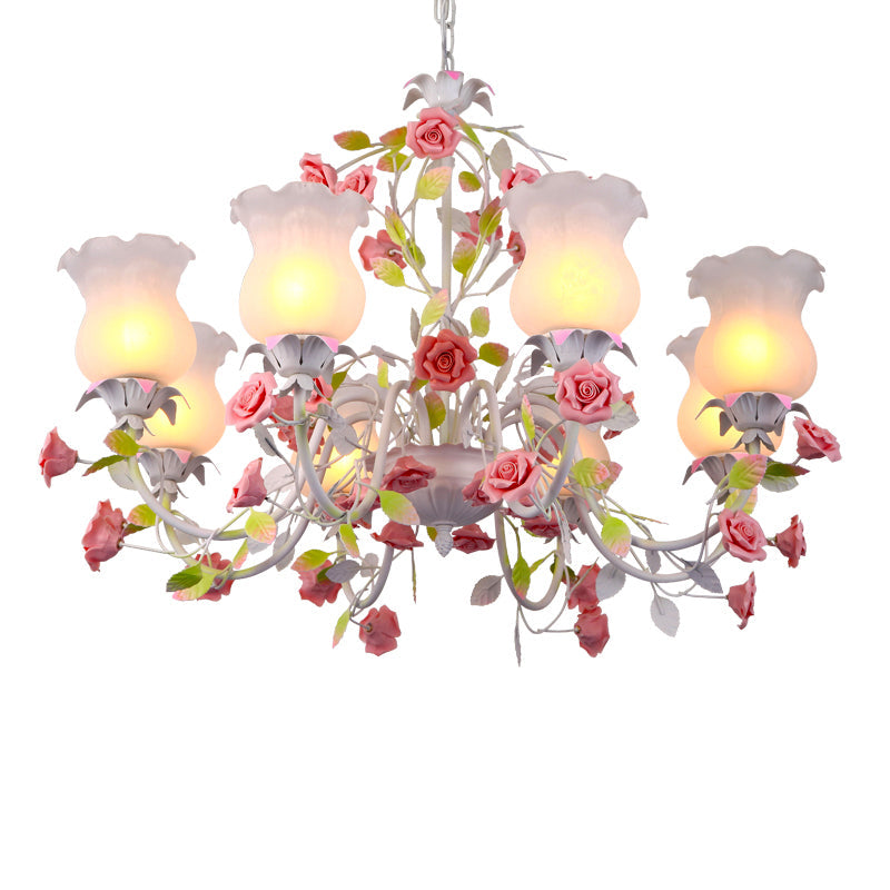 6/8 Heads Chandelier Lamp Korean Garden Living Room Hanging Ceiling Light with Flower White Frosted Glass Shade in Red Clearhalo 'Ceiling Lights' 'Chandeliers' Lighting' options 1968464