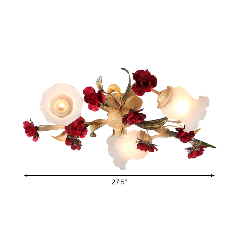 3/5-Light Flush Lamp Romantic Pastoral Living Room Semi Flush Mount with Flower Frosted Glass Shade in White Clearhalo 'Ceiling Lights' 'Close To Ceiling Lights' 'Close to ceiling' 'Semi-flushmount' Lighting' 1968489