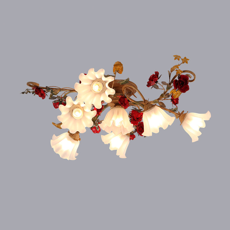 4/7/9-Bulb Flower Semi Flush Mounted Light American Garden White Frosted Glass Flush Mount Ceiling Light Clearhalo 'Ceiling Lights' 'Close To Ceiling Lights' 'Close to ceiling' 'Semi-flushmount' Lighting' 1968497