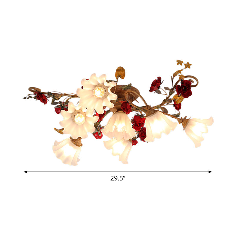 4/7/9-Bulb Flower Semi Flush Mounted Light American Garden White Frosted Glass Flush Mount Ceiling Light Clearhalo 'Ceiling Lights' 'Close To Ceiling Lights' 'Close to ceiling' 'Semi-flushmount' Lighting' 1968498