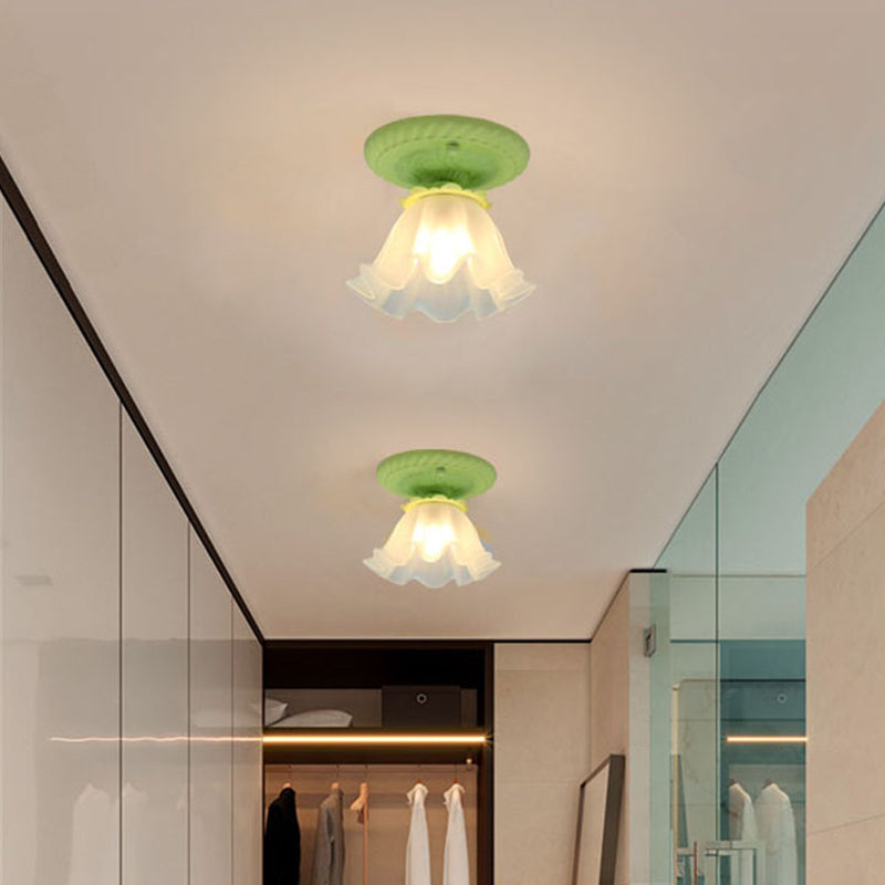White/Green/Pink Floral Flush Ceiling Light Pastoral Style Frosted Milky Glass 1-Bulb Aisle Flush Mounted Lamp Clearhalo 'Ceiling Lights' 'Close To Ceiling Lights' 'Close to ceiling' 'Flush mount' Lighting' 1968522