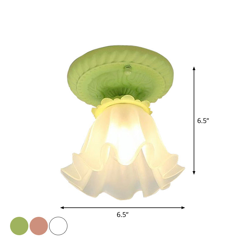 White/Green/Pink Floral Flush Ceiling Light Pastoral Style Frosted Milky Glass 1-Bulb Aisle Flush Mounted Lamp Clearhalo 'Ceiling Lights' 'Close To Ceiling Lights' 'Close to ceiling' 'Flush mount' Lighting' 1968525