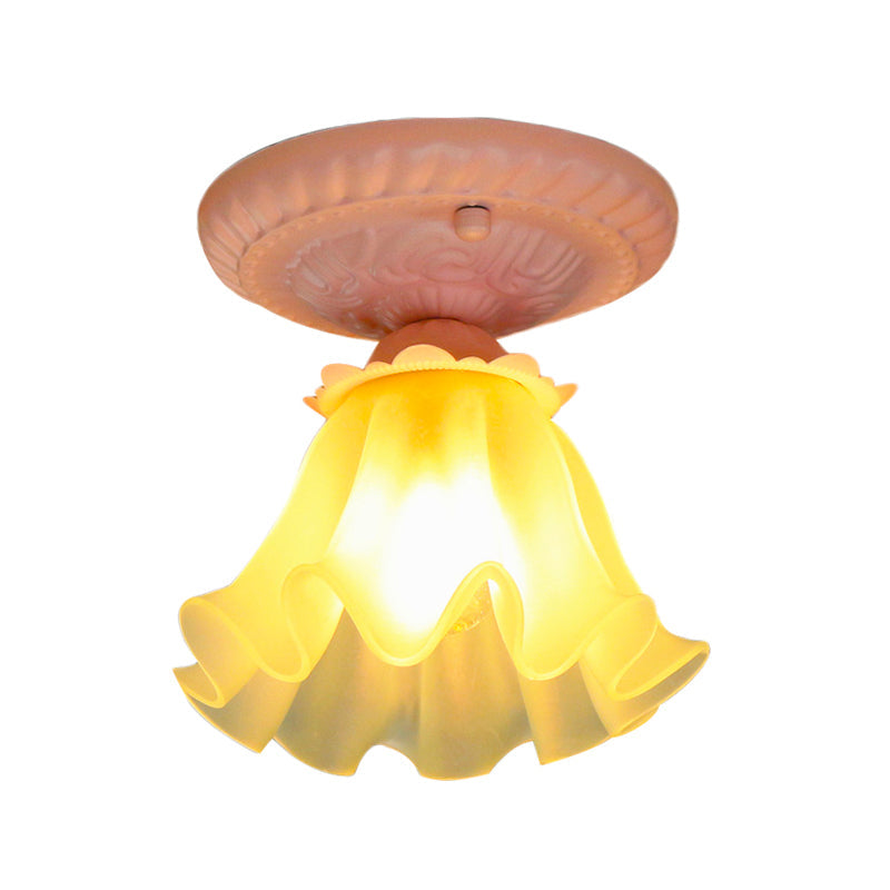 White/Green/Pink Floral Flush Ceiling Light Pastoral Style Frosted Milky Glass 1-Bulb Aisle Flush Mounted Lamp Clearhalo 'Ceiling Lights' 'Close To Ceiling Lights' 'Close to ceiling' 'Flush mount' Lighting' 1968529